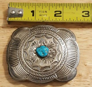 Vintage Navajo WILBERT BENALLY Engraved Sterling Silver Turquoise Belt Buckle 6