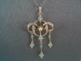 Victorian Solid 14k Gold Mine Cut Diamond & Turquoise Lavalier Pendant Necklace