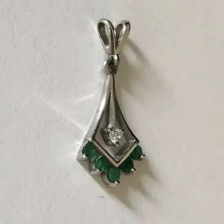 Vintage 14k White Gold Emerald Diamond Fan Pendant Estate Jewelry Kite Shape