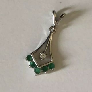 Vintage 14k White Gold Emerald Diamond Fan Pendant Estate Jewelry Kite Shape 2