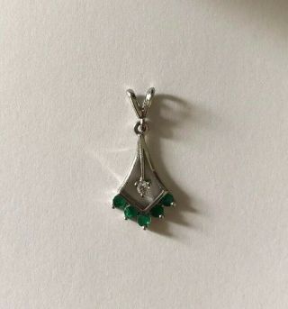 Vintage 14k White Gold Emerald Diamond Fan Pendant Estate Jewelry Kite Shape 3