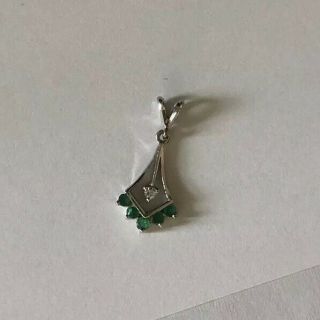 Vintage 14k White Gold Emerald Diamond Fan Pendant Estate Jewelry Kite Shape 4