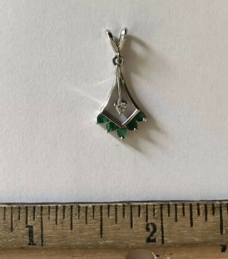 Vintage 14k White Gold Emerald Diamond Fan Pendant Estate Jewelry Kite Shape 6