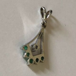 Vintage 14k White Gold Emerald Diamond Fan Pendant Estate Jewelry Kite Shape 7