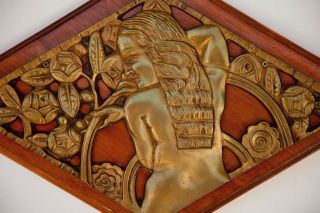 VINTAGE Art Nouveau Brass / Wood Wall Plaque 4