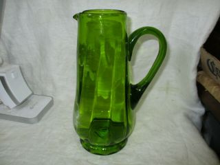 Victorian Green Glass Mary Gregory Hand Painted Enameled Pitcher 10 1/4 