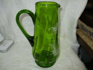 Victorian Green Glass Mary Gregory Hand Painted Enameled Pitcher 10 1/4 