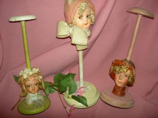 Three Darling,  1920s Era,  German,  Boudoir Doll Hat Stands Orig.  Clothing & Hats