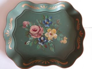 Antique/vintage Green Nashco Hand Painted Flowers/toleware Serving Tray/freeship