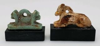 Two,  Ancient Egyptian Figural Amulets In Faience & Carved Gilded Wood