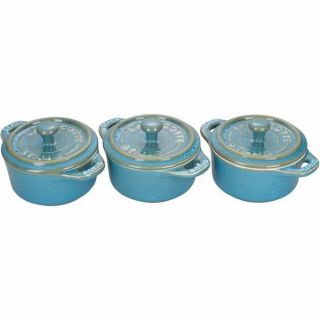 Staub Ceramic Mini Round Cocotte Set Of 3 Ancient (rustic) Turquoise Nib