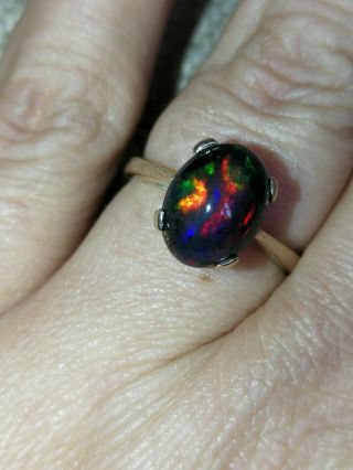 Outstanding Natural solid Black neon rainbow Fire Opal ring 9ct gold M vtg 11