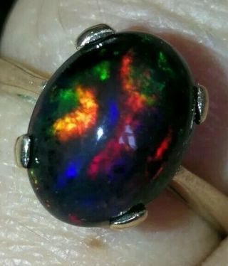 Outstanding Natural Solid Black Neon Rainbow Fire Opal Ring 9ct Gold M Vtg