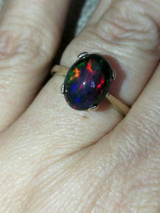 Outstanding Natural solid Black neon rainbow Fire Opal ring 9ct gold M vtg 2