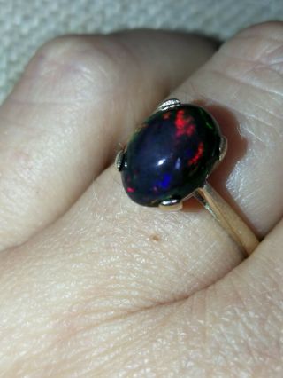 Outstanding Natural solid Black neon rainbow Fire Opal ring 9ct gold M vtg 3