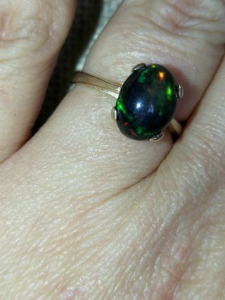 Outstanding Natural solid Black neon rainbow Fire Opal ring 9ct gold M vtg 6