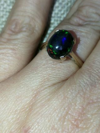 Outstanding Natural solid Black neon rainbow Fire Opal ring 9ct gold M vtg 7