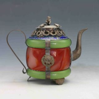 Chinese Handwork Old Jade Bracelet Inlaytibet Silver Dragon Teapot &monkey Lid
