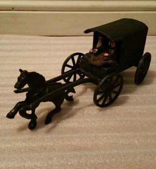 Vintage Cast Iron Metal Amish Family Horse Drawn Carriage Buggy Wagon Toy 1970s