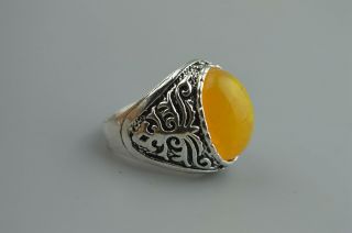 Collectable Old Tibet Handmade Miao Silver Armor Amber Royal Family Amulet Ring