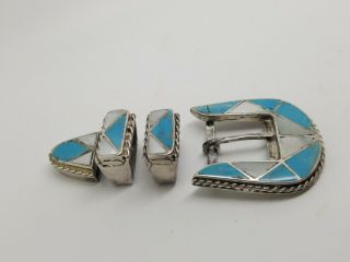 Vintage Native Sterling Silver Navajo Inlay Turquoise Mop Belt Buckle - Tip - Ends