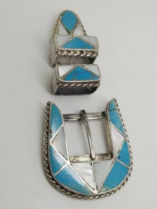 Vintage Native Sterling Silver Navajo Inlay Turquoise Mop Belt Buckle - Tip - Ends 2