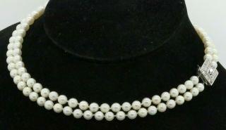 Antique Platinum Elegant 6.  6mm Pearl 2 - Strand Necklace W/ 1.  02ctw Diamond Clasp