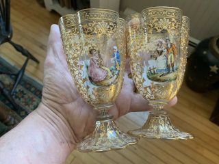 Pair Vintage Moser Bohemian Quatrefoil Wine Glasses Enamel And Gold