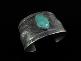 Antique Navajo Bracelet - Wide Silver And Turquoise Cuff