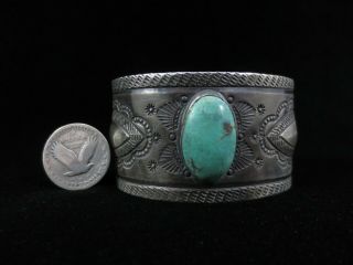 Antique Navajo Bracelet - Wide Silver and Turquoise Cuff 3