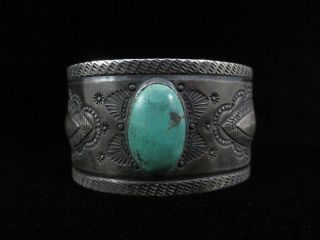 Antique Navajo Bracelet - Wide Silver and Turquoise Cuff 6