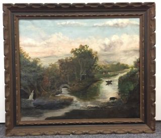 Antique Vintage Old Framed Folk Art Americana / German Oil Painting Canoe River