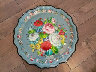 Vintage Hand Painted Metal Tole Serving Tray Flowers Scalloped Signed Toleware