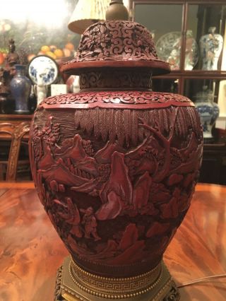 Gtra Large Chinese Qing Dynasty Cinnabar Covered Vase Lamp.