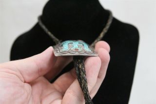 N57 Vintage Old Pawn Navajo Sterling Silver Chip Inlay Bolo Tie Signed DJN 5