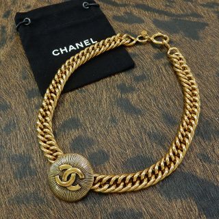 Chanel Gold Plated Cc Logos Charm Vintage Chain Necklace Choker 4590a Rise - On