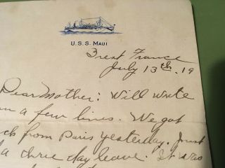 1919 U.  S.  S Maui Wwi Us Navy Ship Letter On Ships Stationary (matson Lines)