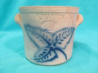 Vintage 4 " F.  Martin Hand Thrown Salt Glaze Stoneware Crock Blue Leaf