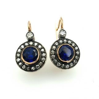 Vintage Russian Rose Gold Diamond Sapphire Earrings