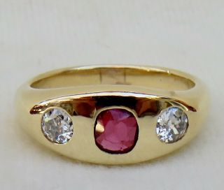 Antique Victorian 1.  0 Ct.  Old European Diamond & Cushion Cut Ruby Gypsy Ring 14k