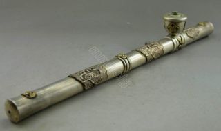 Old China Tibet Silver Carve Eagle Flower Butterfly Smoking Pipe Nr