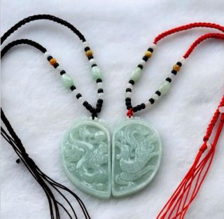 Chinese Natural Green Jade Hand Carved Dragon Phoenix Jadeite Pendant Necklace