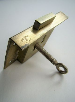 Antique brass cut cabinet drawer lock with key 2 15/16 