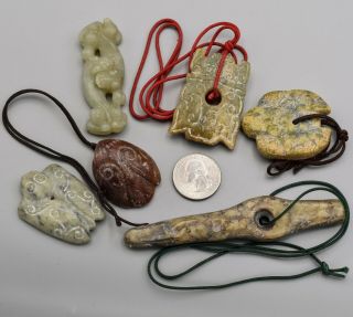 Antique Carved Multi - Color Jade Figurine Pendant Necklace Set Of 6 149.  8 Grams