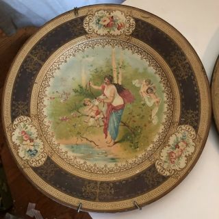 Pair Antique Vienna Art Plate Victorian Tin Litho Maiden Cherubs VTG Victorian 2