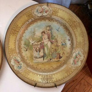 Pair Antique Vienna Art Plate Victorian Tin Litho Maiden Cherubs VTG Victorian 3