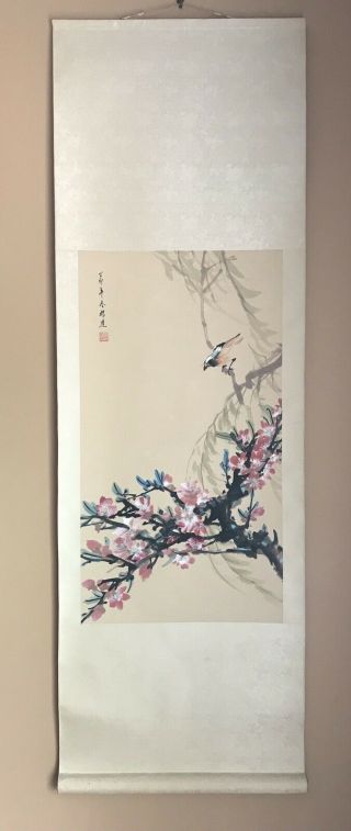 Vintage Chinese Hand Painted Scroll W/ Artist’s Mark W/calligraphy