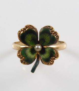Antique 14k Gold Art Nouveau Enamel & Pearl Four Leaf Clover Flower Ring Size 7