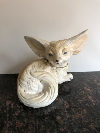 Vintage Large White Ceramic Fox Statue Clay 1970s Hand Painted Animal