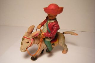 Vtg Rare Occupied Celluloid Bobbing Donkey W/mexican Rider Wind - Up Toy